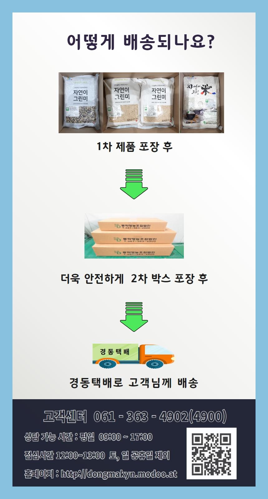 어떻게 배송되나요? 1차 제품 포장 후 동아성 조합법인에서 더욱 안전하게 2차 박스 포장 후 경동택배로 고객님께 배송됩니다. 고객센터 061-363-4902(4900), 상담 가능 시간: 평일 09:00 ~ 17:00, 점심시간 12:00 ~ 13:00, 토요일, 일요일, 공휴일 제외. 홈페이지: http://dongmakyn.modoo.at