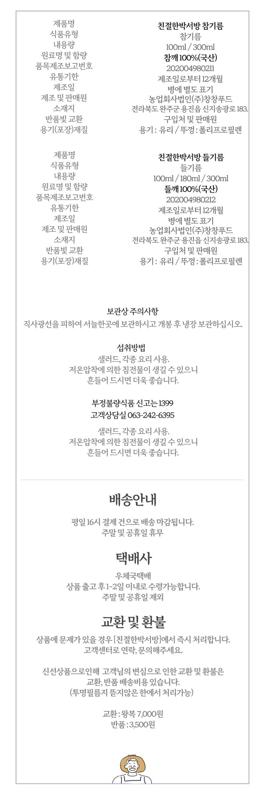 제품명: 친절한박서방 참기름식품유형: 참기름내용량: 100ml / 300ml원료명 및 함량: 참깨 100%(국산)품목제조보고번호: 202004980211유통기한: 제조일로부터 12개월제조일: 병에 별도 표기제조 및 판매원: 농업회사법인(주)창창푸드소재지: 전라북도 완주군 용진읍 신지송광로 183반품 및 교환: 구입처 및 판매원용기(포장)재질: 용기 - 유리 / 뚜껑 - 폴리프로필렌제품명: 친절한박서방 들기름식품유형: 들기름내용량: 100ml / 180ml / 300ml원료명 및 함량: 들깨 100%(국산)품목제조보고번호: 202004980212유통기한: 제조일로부터 12개월제조일: 병에 별도 표기제조 및 판매원: 농업회사법인(주)창창푸드소재지: 전라북도 완주군 용진읍 신지송광로 183반품 및 교환: 구입처 및 판매원용기(포장)재질: 용기 - 유리 / 뚜껑 - 폴리프로필렌보관상 주의사항: 직사광선을 피하여 서늘한 곳에 보관하시고 개봉 후 냉장 보관하십시오.섭취방법: 샐러드, 각종 요리에 사용. 저온압착에 의한 침전물이 생길 수 있으니 흔들어 드시면 더욱 좋습니다.부정불량식품 신고: 1399고객상담실: 063-242-6395배송안내: 평일 16시 결제 건으로 배송 마감됩니다. 주말 및 공휴일 휴무택배사: 우체국택배상품 출고 후 1~2일 이내로 수령 가능합니다. 주말 및 공휴일 제외교환 및 환불: 상품에 문제가 있을 경우 [친절한박서방]에서 즉시 처리합니다. 고객센터로 연락, 문의해주세요. 신선상품으로 인해 고객님의 변심으로 인한 교환 및 환불은 교환, 반품 배송비용이 있습니다. (투명필름지 뜯지 않은 한에서 처리 가능)교환: 왕복 7,000원반품: 3,500원