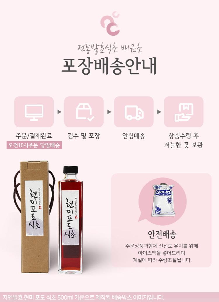 전통발효식초 배금초 포장배송 안내: 주문/결제 완료 후 검수 및 포장, 안심배송, 상품 수령 후 오전 10시 주문 당일 배송. 서늘한 곳에 보관. 자연발효 현미 포도 식초. COOLICE 천연자. 자연발효 현미 포도 식초. 안전배송. 주문 상품과 함께 신선도 유지를 위해 아이스팩을 넣어드리며, 계절에 따라 수량이 조절됩니다. 자연발효 현미 포도 식초 500ml 기준으로 제작된 배송박스 이미지입니다.