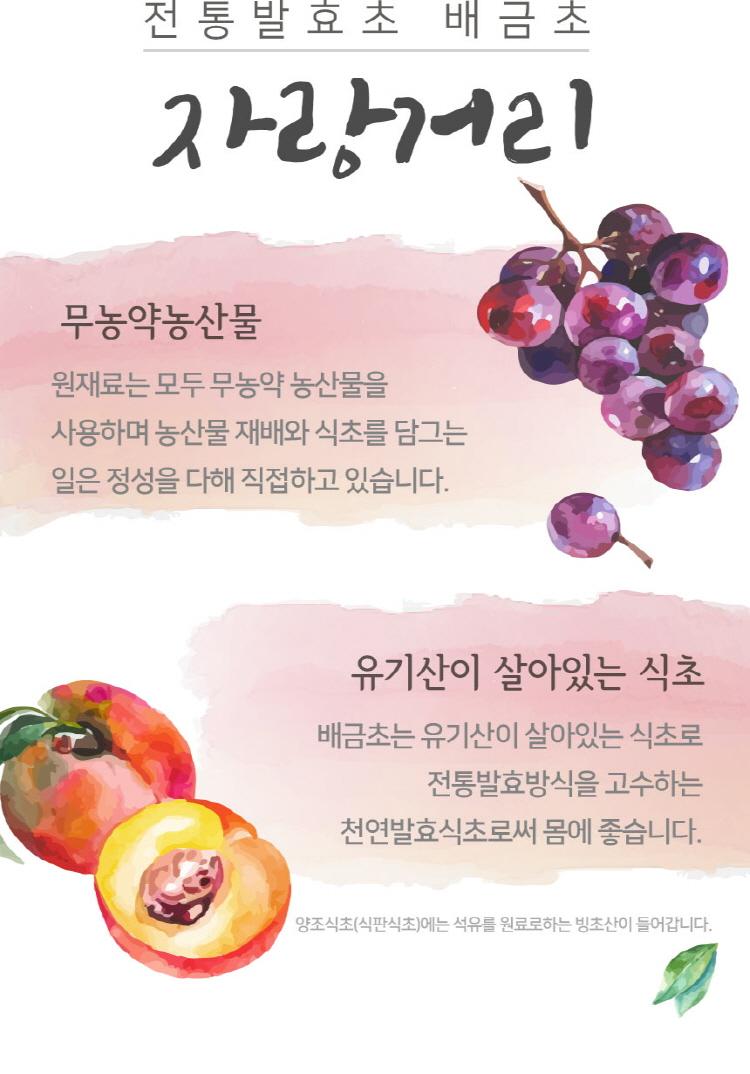 전통 발효 초 배금초 자랑거리: 무농약 농산물 원재료는 모두 무농약 농산물을 사용하며, 농산물 재배와 식초를 담그는 일은 정성을 다해 직접 하고 있습니다. 유기산이 살아있는 식초 배금초는 유기산이 살아있는 식초로, 전통 발효 방식을 고수하는 천연 발효 식초로서 몸에 좋습니다. 양조식초(식판식초)에는 석유를 원료로 하는 빙초산이 들어갑니다.