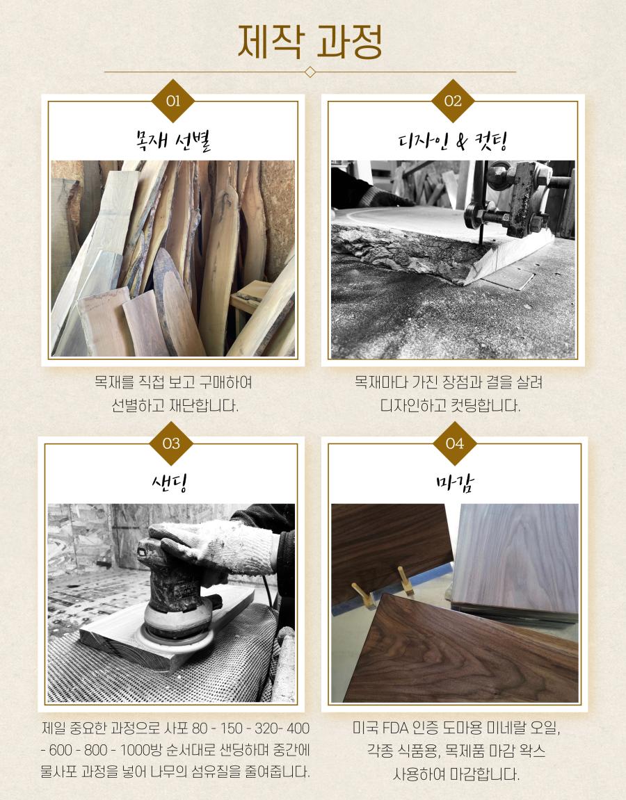 제작 과정
01. 목재 선별
목재를 직접 보고 구매하여 목재마다 가진 장점과 결을 살려 선별하고 재단합니다.
02. 디자인 & 컷팅
디자인하고 컷팅합니다.
03. 샌딩
제일 중요한 과정으로 사포 80-150-320-400-600-800-1000방 순서대로 샌딩하며 중간에 각종 식품용, 목제품 마감 왁스와 물사포 과정을 넣어 나무의 섬유질을 줄여줍니다.
04. 마감
미국 FDA 인증 도마용 미네랄 오일을 사용하여 마감합니다.