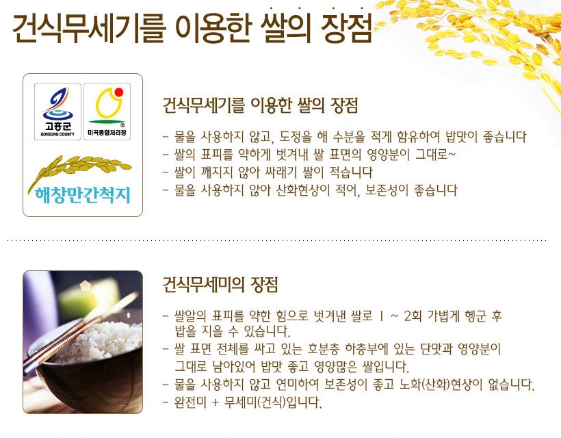 건식무세기를 이용한 쌀의 장점고흥군 미곡종합처리장- 물을 사용하지 않고 도정하여 수분을 적게 함유하여 밥맛이 좋습니다.- 쌀의 표피를 약하게 벗겨내 쌀 표면의 영양분이 그대로 남아 있습니다.- 쌀이 깨지지 않아 싸래기 쌀이 적습니다.- 물을 사용하지 않아 산화현상이 적어 보존성이 좋습니다.건식무세미의 장점- 쌀알의 표피를 약한 힘으로 벗겨낸 쌀로 1~2회 가볍게 헹군 후 밥을 지을 수 있습니다.- 쌀 표면 전체를 싸고 있는 호분층 하층부에 있는 단맛과 영양분이 그대로 남아 있어 밥맛 좋고 영양 많은 쌀입니다.- 물을 사용하지 않고 연미하여 보존성이 좋고 노화(산화)현상이 없습니다.- 완전미 + 무세미(건식)입니다.