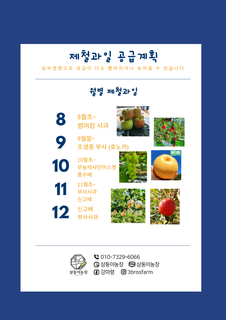 제철과일 공급계획
날씨 영향으로 공급이 다소 빨라지거나 늦어질 수 있습니다.
월별 제철과일:
- 8월 초: 썸머킹 사과
- 9월 말: 조생종 부사 (호노카)
- 10월 초: 무농약 샤인머스켓, 풍수배
- 11월 초: 부사 사과, 신고배
- 12월: 신고배, 부사 사과
문의: 010-7329-6066
삼둥이농장
강미령
3brosfarm